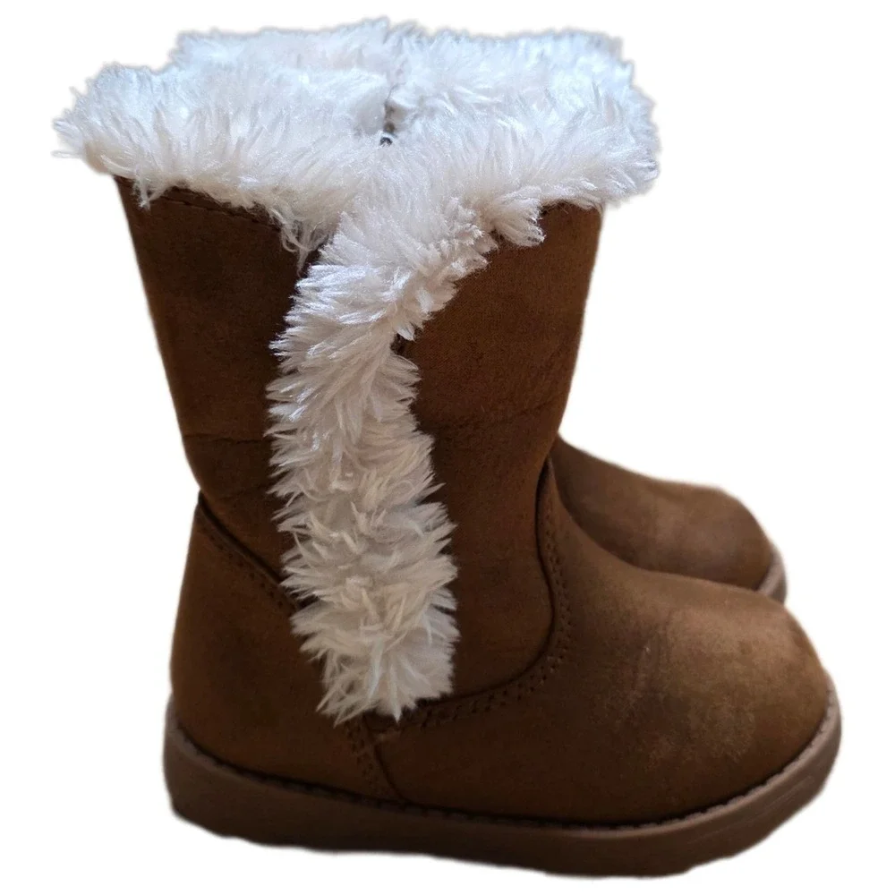 Cat & Jack Katrina Fleece Fashion Boots Girl's Size 5 Brown White Faux Fur Suede